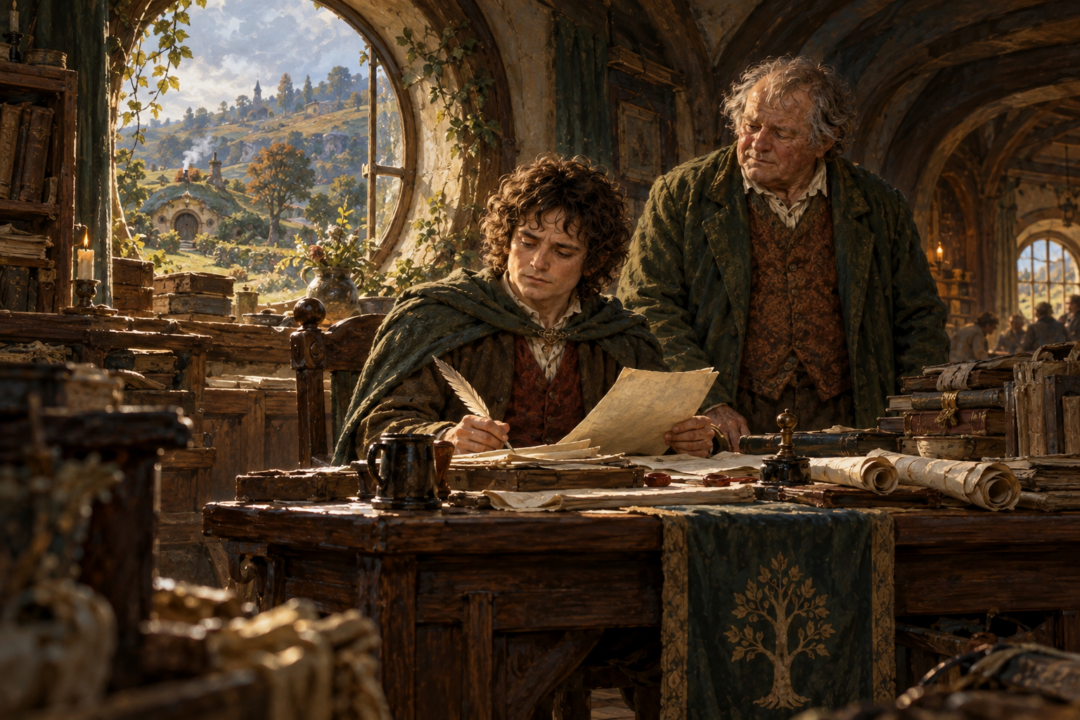 Frodo and the returning Travellers witnessing Mayor Will Whitfoot and other hobbits being freed from the Lockholes at Michel Delving.