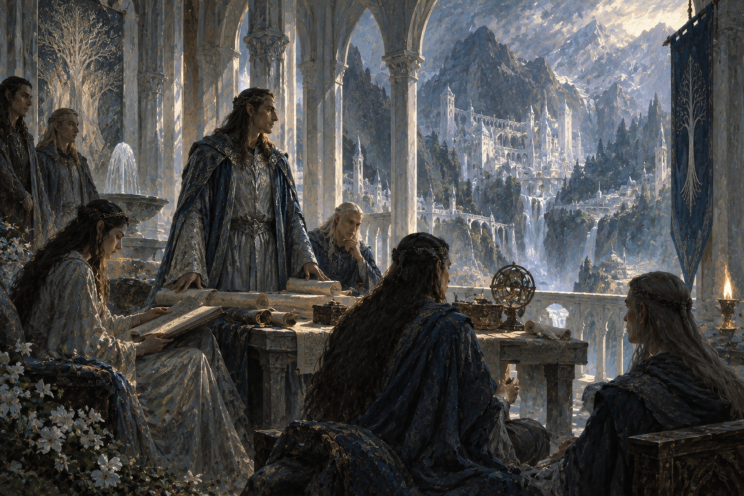 Turgon and his household preserving the High-elven tongue in the hidden city of Gondolin