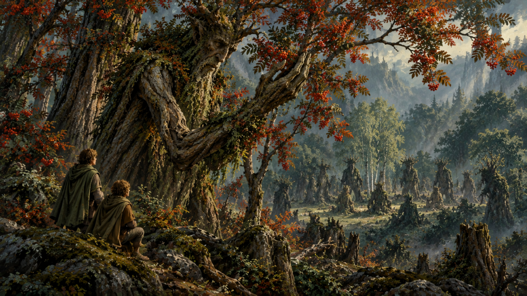 Quickbeam stands with Merry and Pippin among rowan trees while the other Ents continue their deliberations in the distance.
