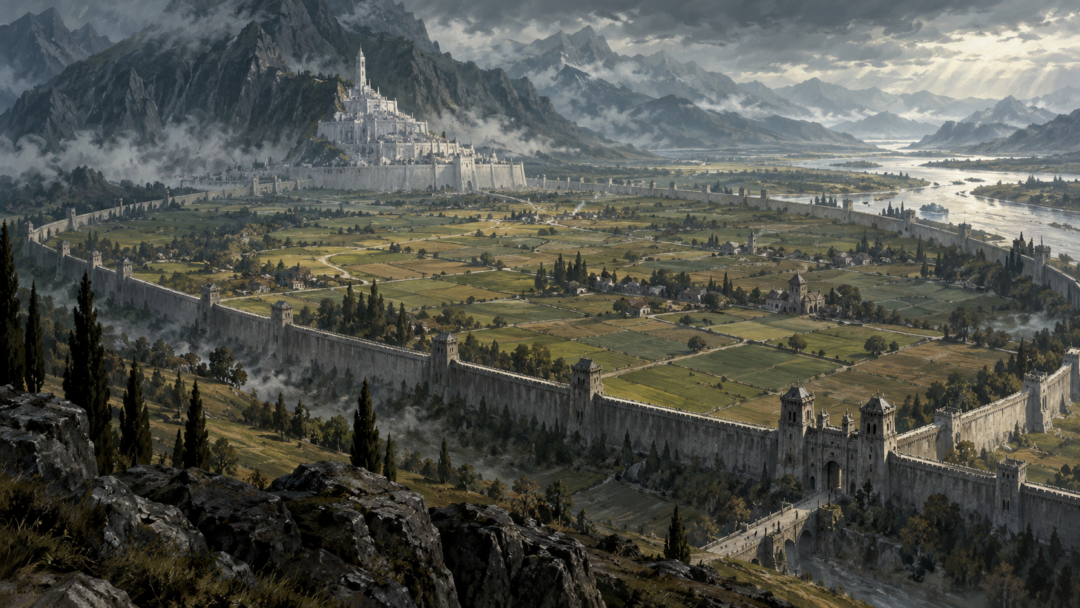 The Rammas Echor encircling the Pelennor Fields with Minas Tirith beneath Mount Mindolluin in the distance