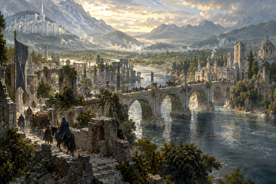 Rebuilt Osgiliath bridge carrying travellers across the Anduin between Anórien and Ithilien