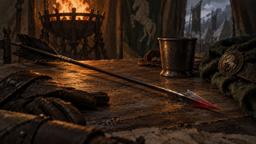 The black-feathered Red Arrow with its red-painted point resting on a campaign table in Rohan.