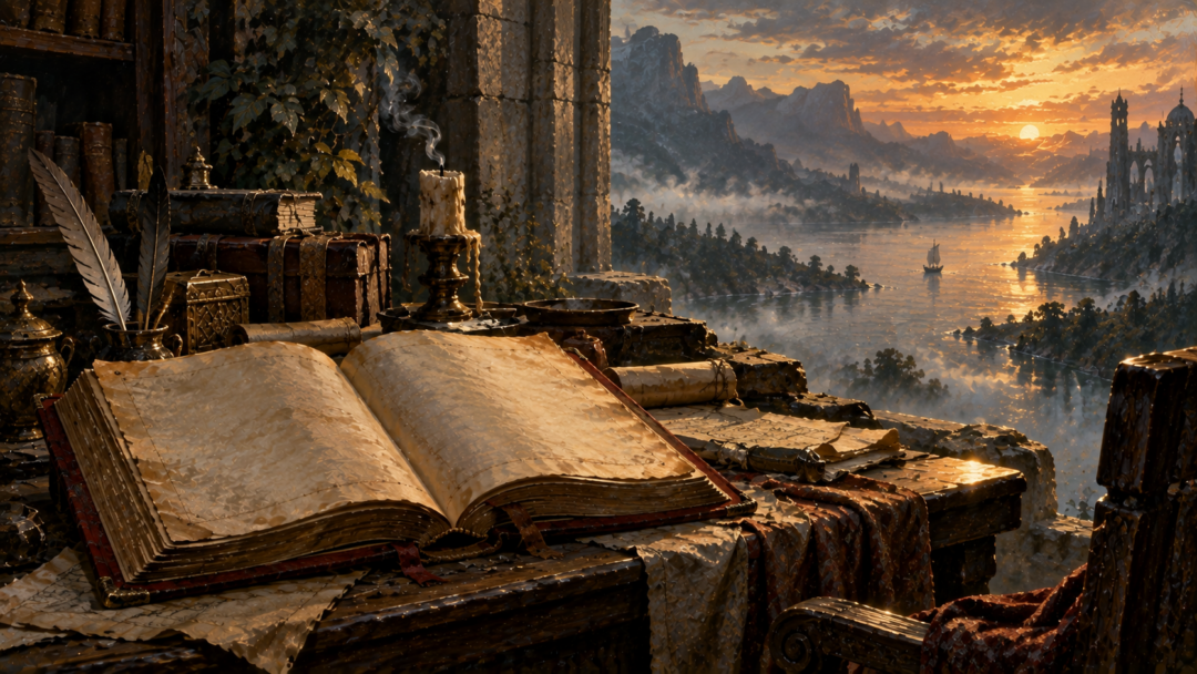 An aged Red Book and distant grey sail symbolizing the uncertain tradition of Gimli’s voyage into the West