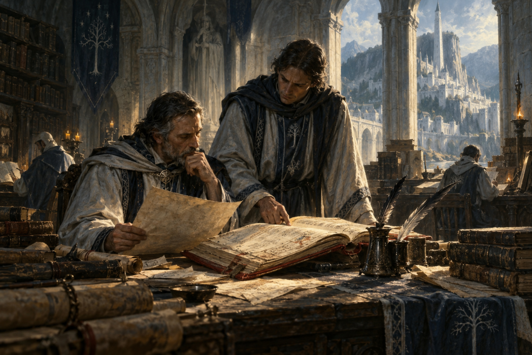 Gondorian scribes in Minas Tirith studying and annotating a copy of the Red Book tradition.