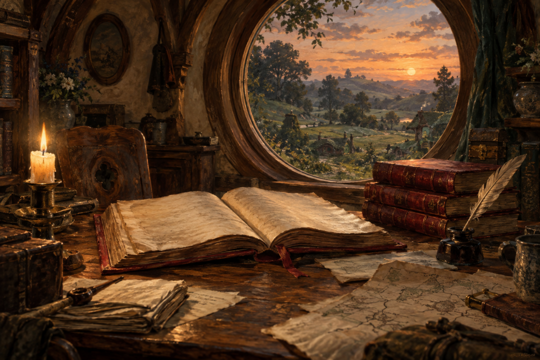 Red Book manuscripts and differing copies symbolizing the preservation and uncertainty of Middle-earth history