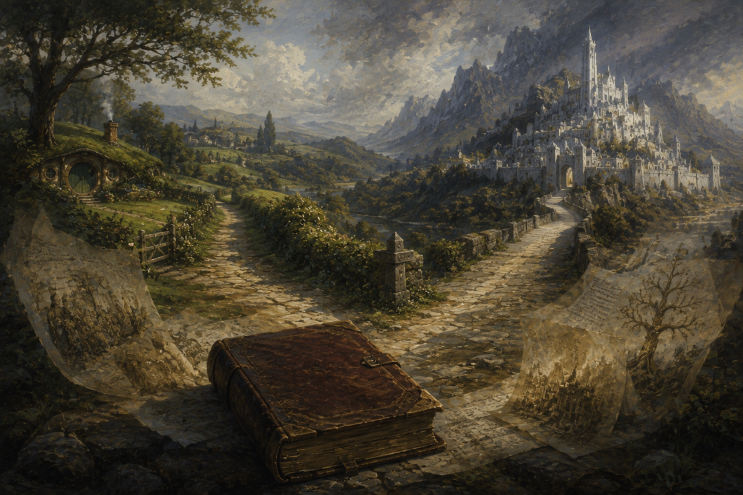 Symbolic landscape showing the Red Book tradition travelling between the Shire and Gondor.