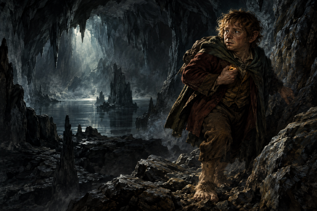 The Red Book of Westmarch open on a writing desk in Bag End with loose notes and red-bound volumes nearby