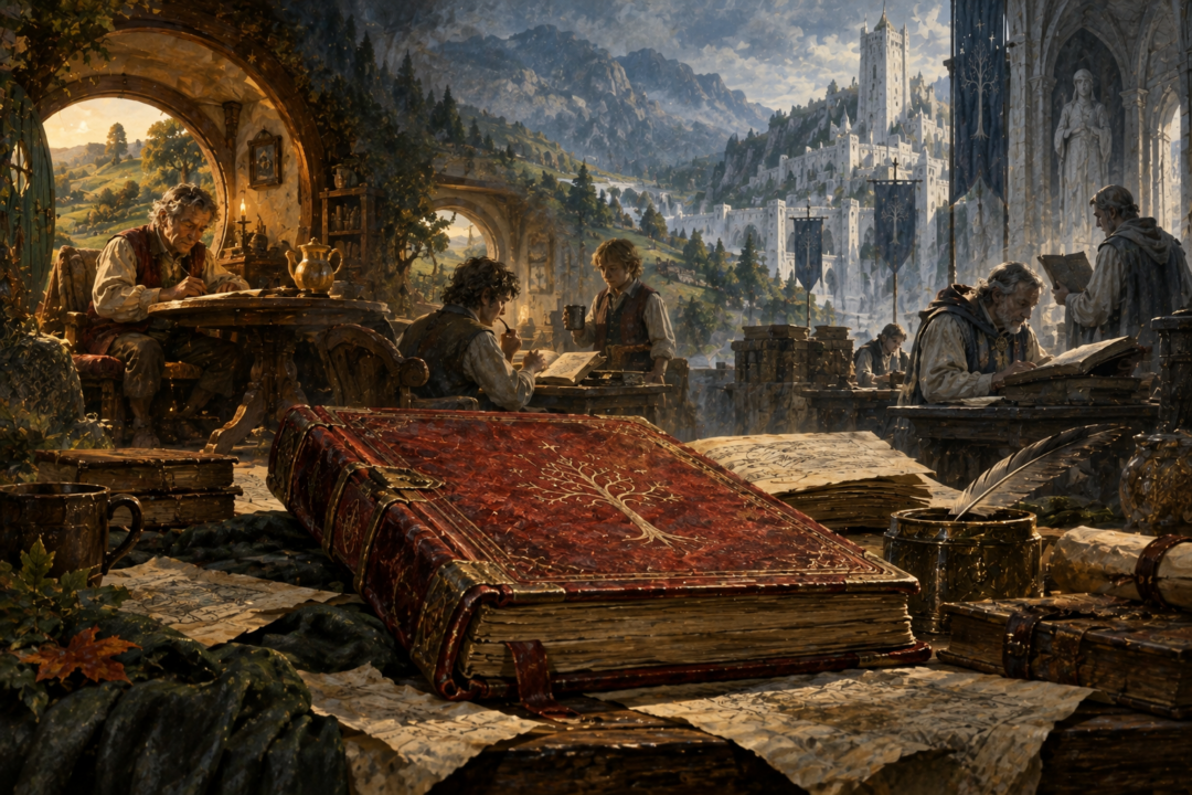 The Red Book passing from the Shire to later scholars and the archives of Minas Tirith.