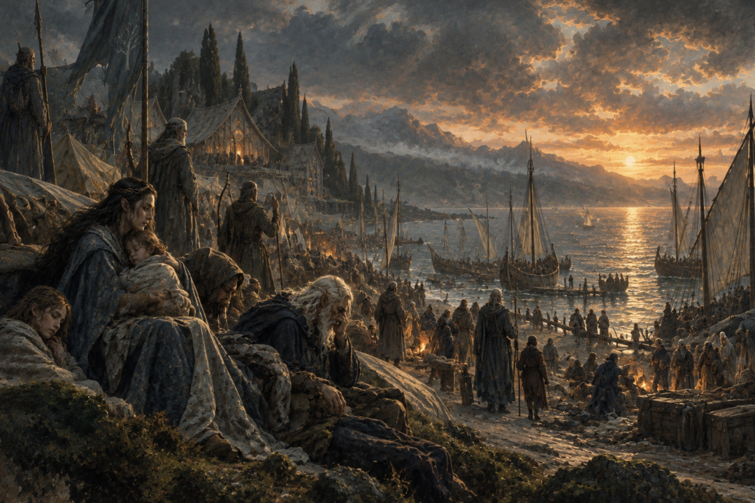 Elven survivors from the fallen realms of Beleriand gathered in the vulnerable refuge at the Mouths of Sirion