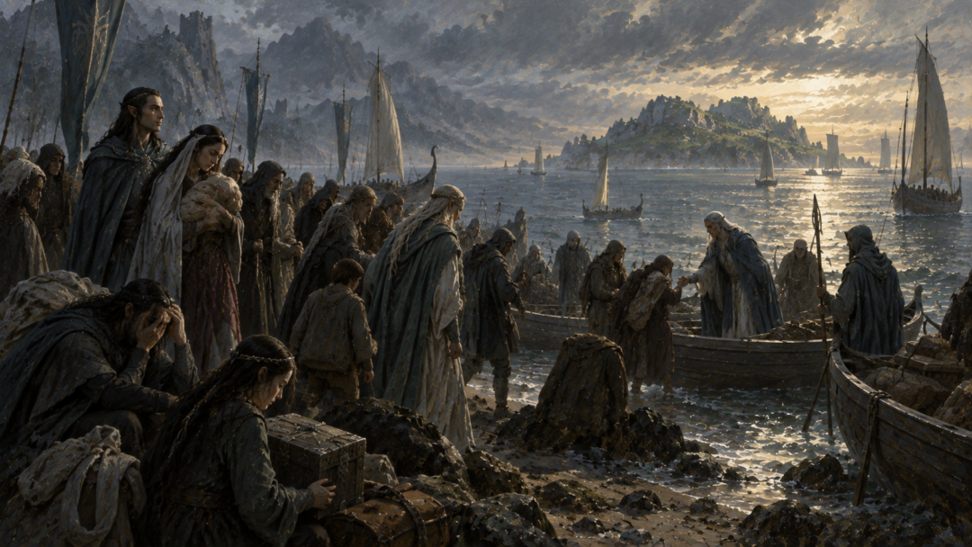 Refugees from the fallen realms of Beleriand gather near the Bay of Balar as Círdan's mariners aid them.