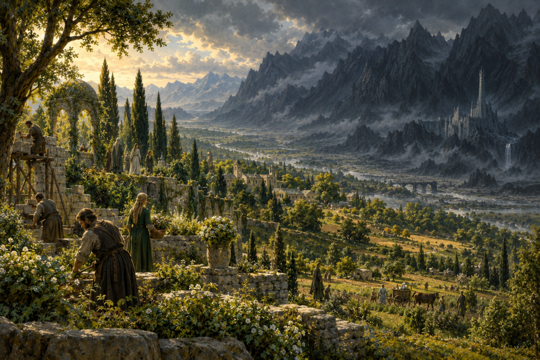 Restored Ithilien flourishing beneath the distant Mountains of Shadow in the Fourth Age