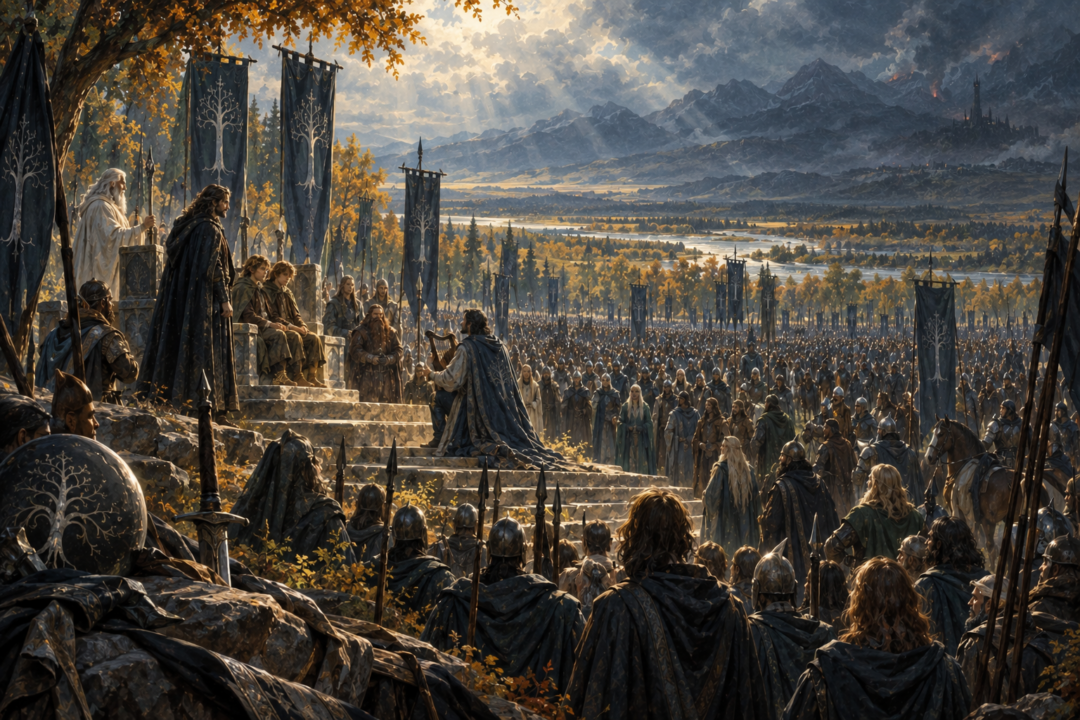 Frodo and Sam receiving public honour before the free peoples of the West as their secret quest becomes remembered history