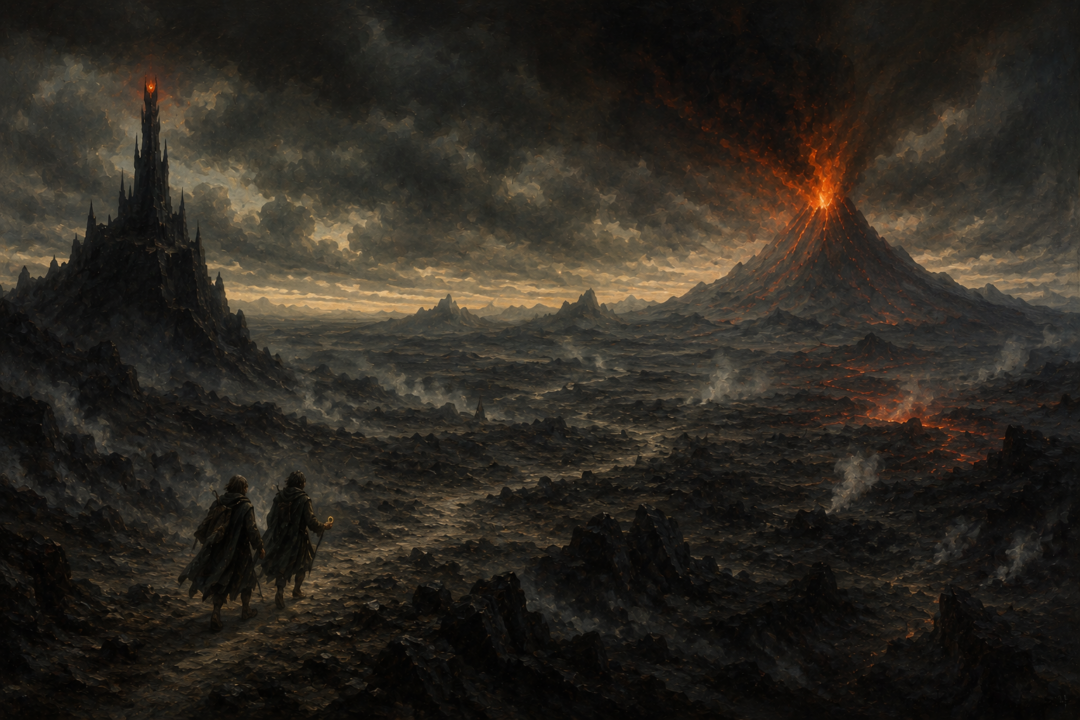 Frodo and Sam cross Mordor carrying the One Ring toward distant Mount Doom and the only fire that can destroy it.