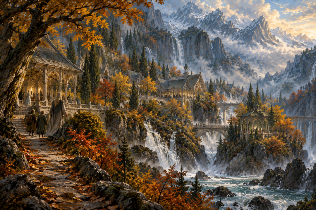 Rivendell in autumn among waterfalls, wooded slopes, and the snow-touched Misty Mountains as the seasons continue to change.