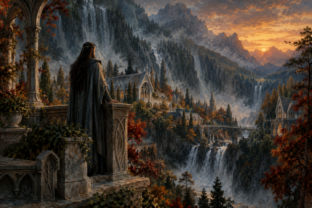 Elrond overlooking Rivendell near the end of the Third Age as evening settles over the hidden valley.