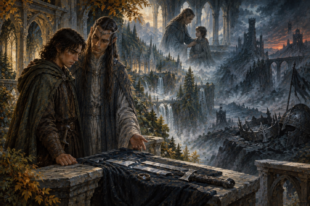 Aragorn and Valandil shown across different ages as heirs of Isildur protected in Rivendell.
