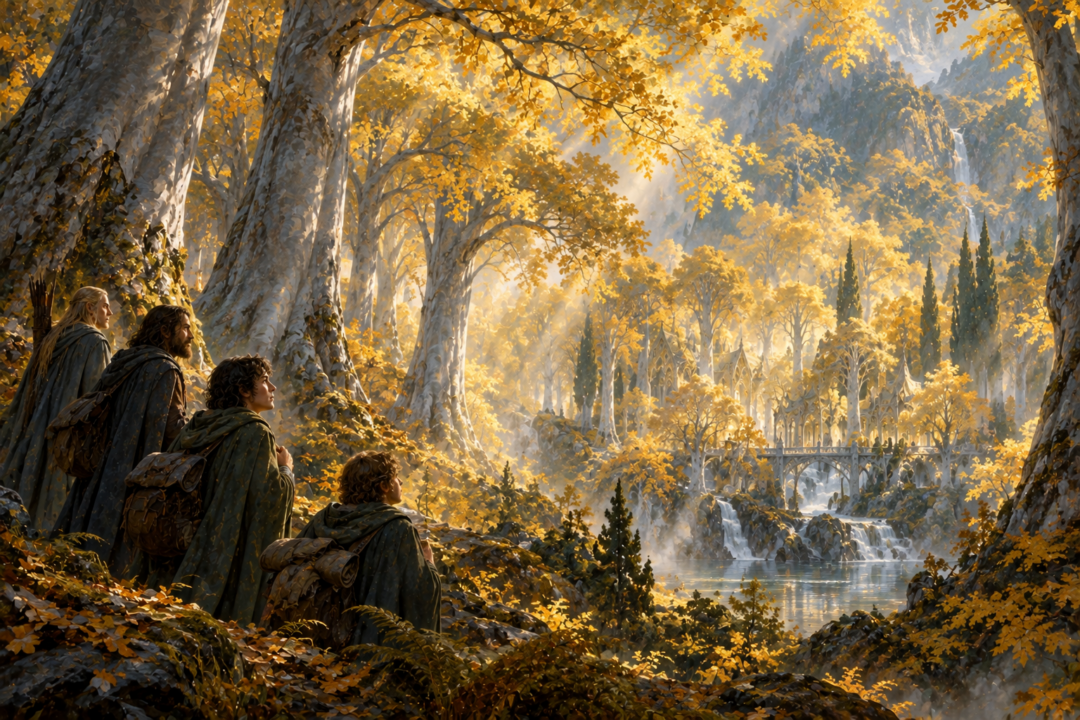 Symbolic contrast between seasonal Rivendell and the golden stillness of Lothlórien showing two forms of Elven preservation.