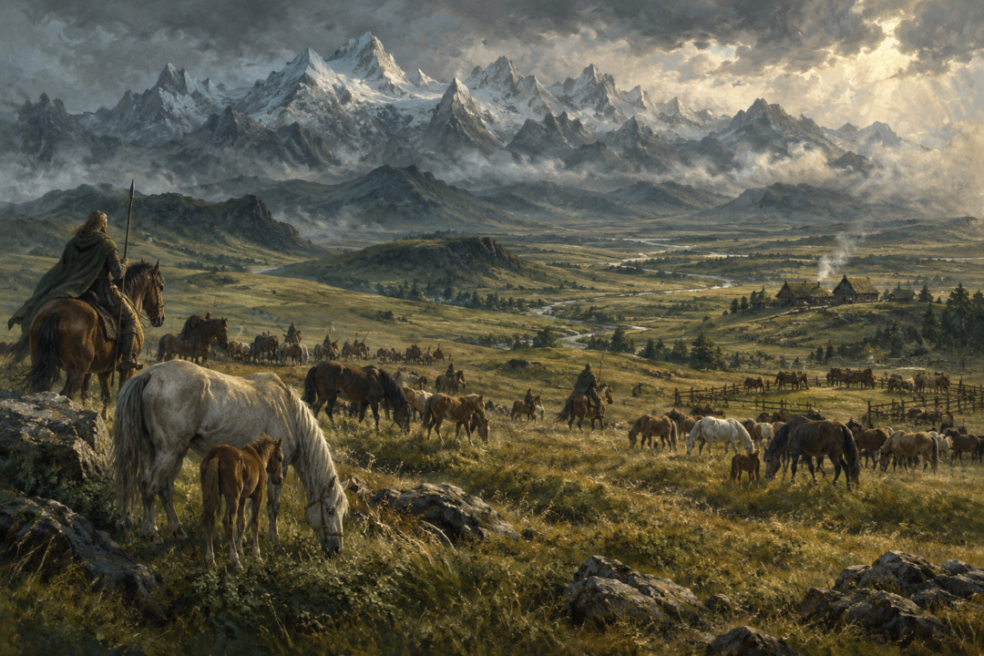 Horse herds grazing across the wide grasslands of Rohan beneath the White Mountains.