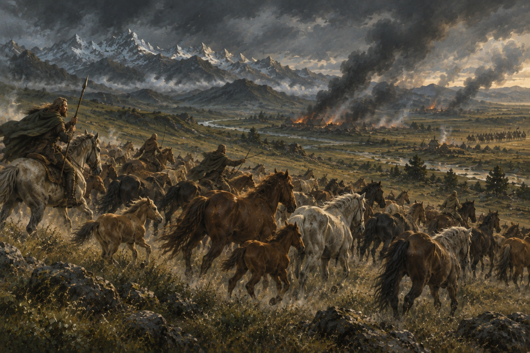 Rohirric herders moving horses across the grasslands as smoke from wartime raids rises in the distance.