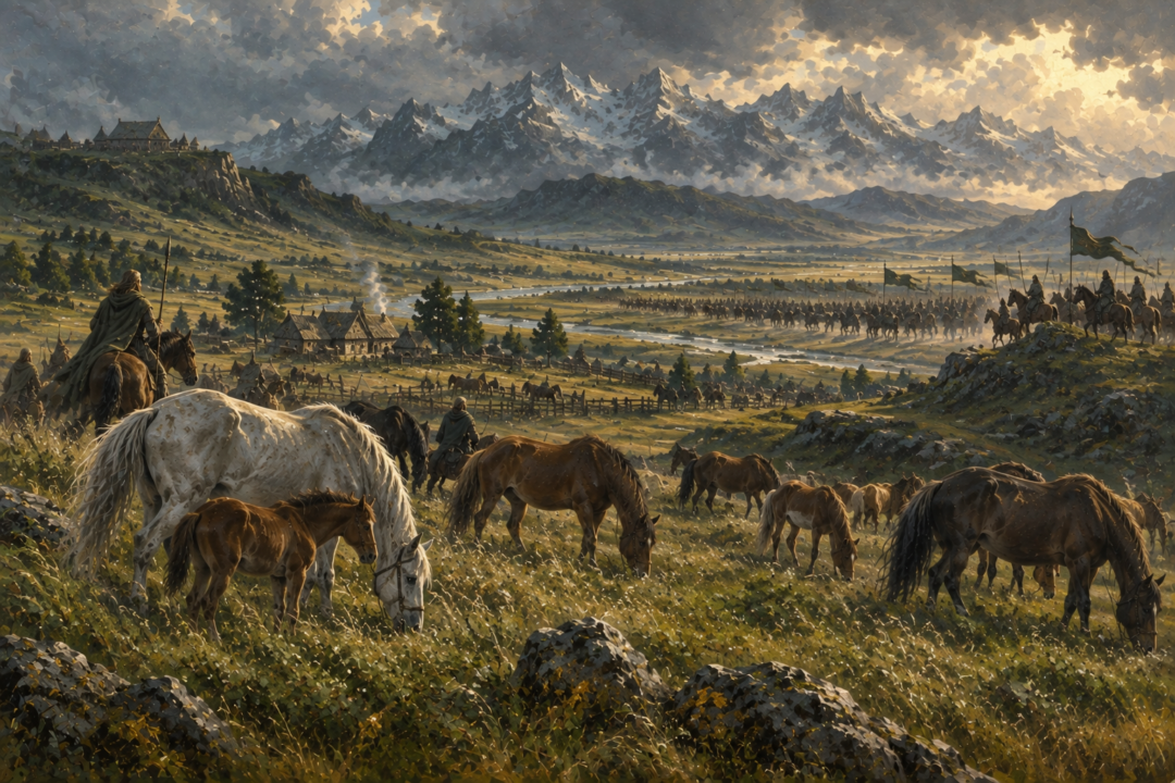 Rohan's grazing horses and herders in the foreground with a large force of Riders assembling in the distance.