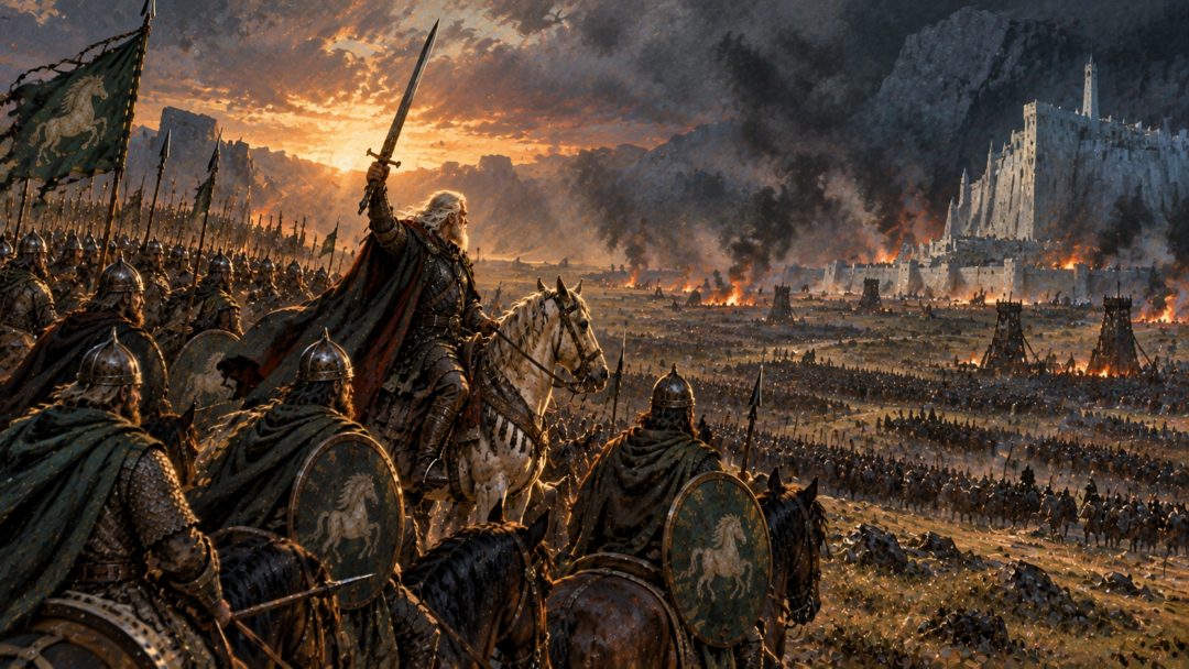 Théoden and the six thousand Rohirrim reach the Pelennor Fields as besieged Minas Tirith burns in the distance.