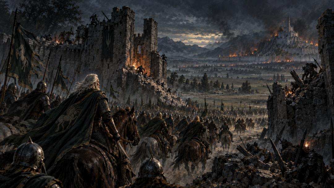 Théoden and the Rohirrim reaching a broken gate and breach in the Rammas Echor before the Battle of the Pelennor Fields