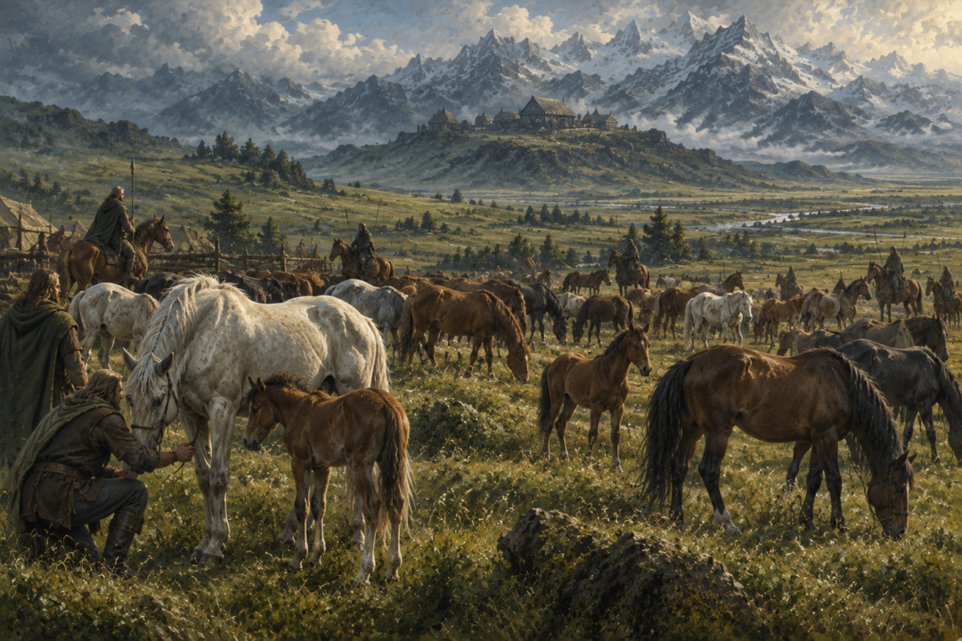 Rohirric horse herders tending mares, foals, and young horses on the pastures of the Riddermark.