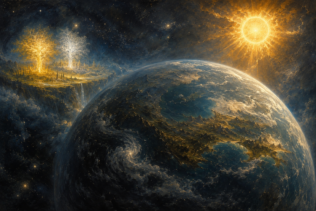 Round Arda beneath an ancient Sun with the Two Trees shining separately in the West