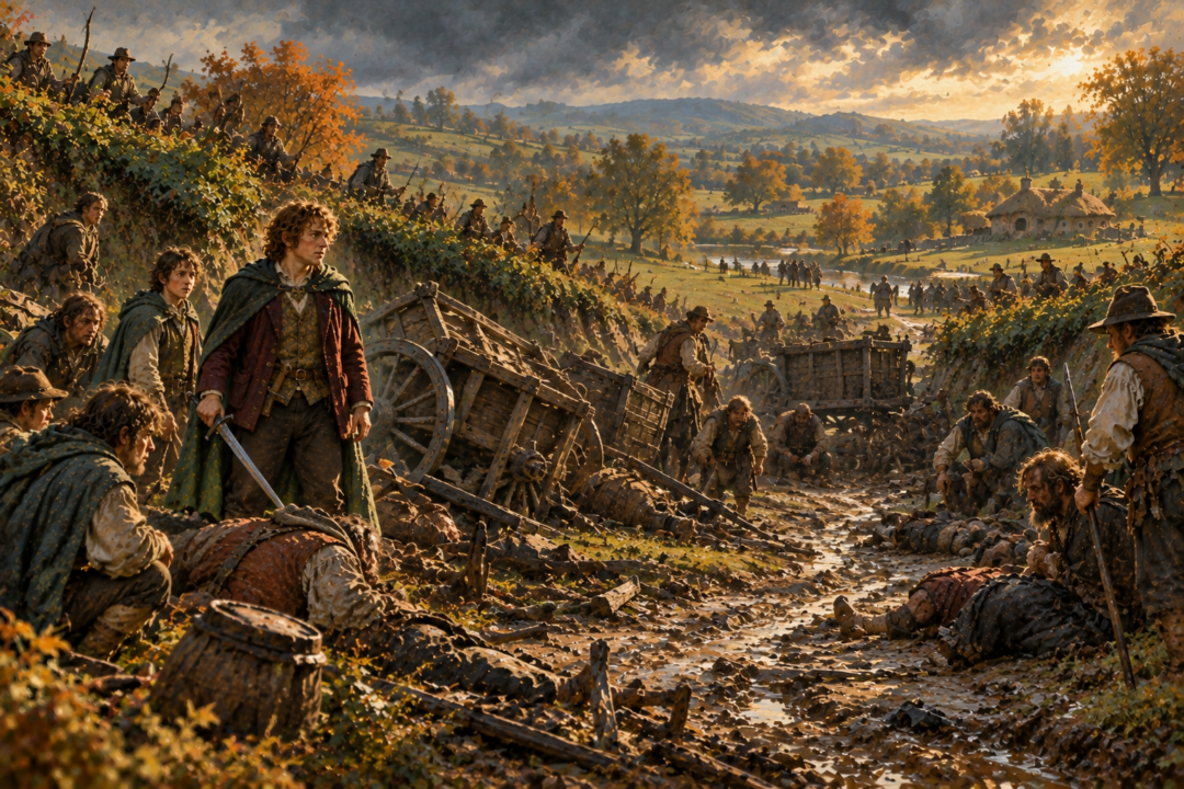 Ruffians force their way through the rear wagon barricade as hobbit archers defend the road during the Battle of Bywater.
