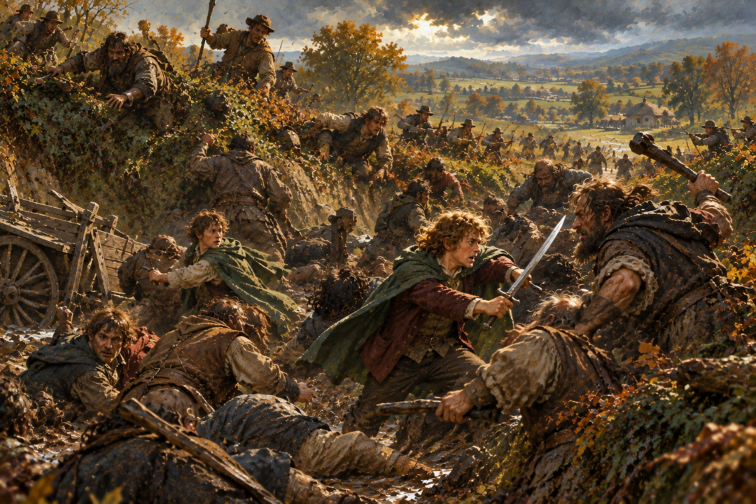 Ruffians discover themselves trapped between cart barricades and armed hobbits on the high banks of the Bywater Road.