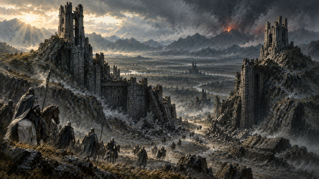 The road through the ruined Morannon passes between the shattered Towers of the Teeth at the beginning of the Fourth Age.