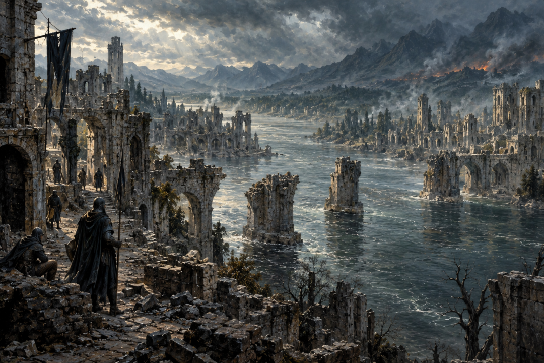 Ruined Osgiliath and its broken bridge across the Anduin during the late Third Age