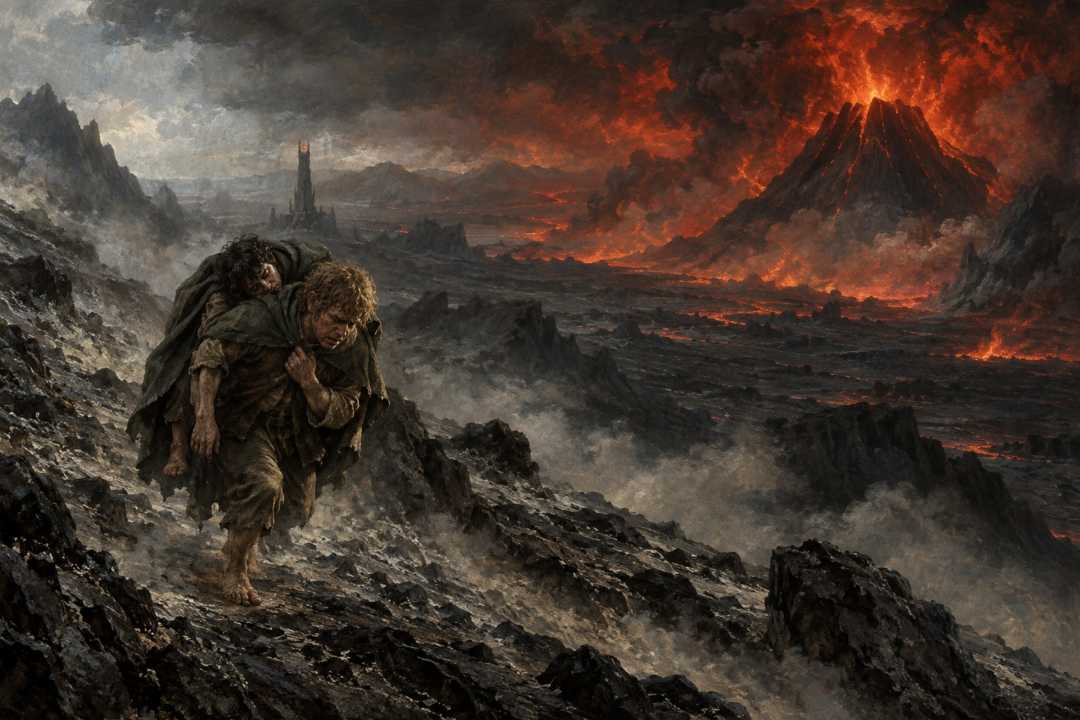 Sam carries the exhausted Frodo up the barren slopes of Mount Doom in Mordor.
