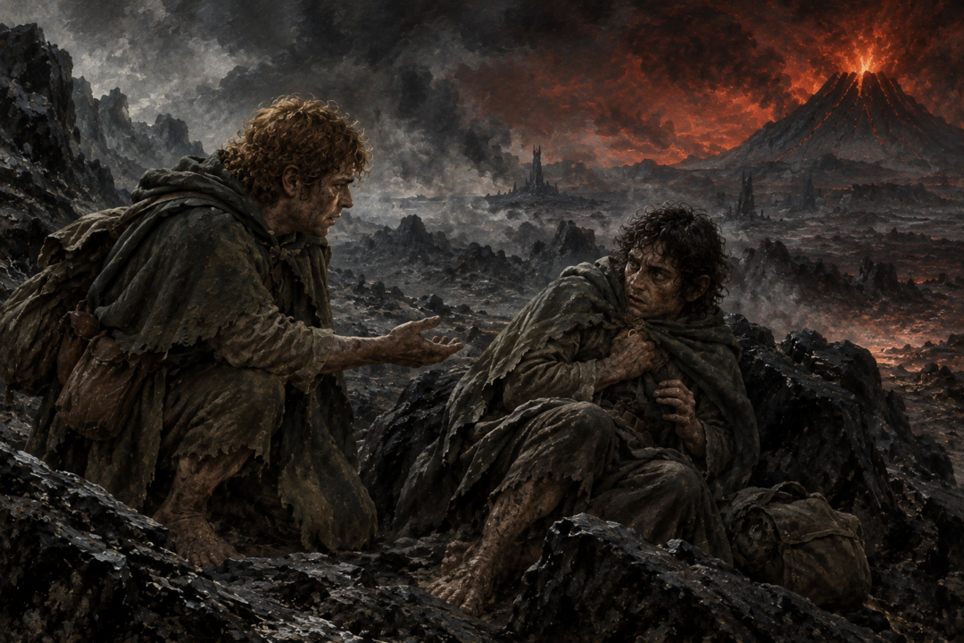 Sam supports Frodo and the Ring upon his back while climbing the ash-covered slopes of Mount Doom.
