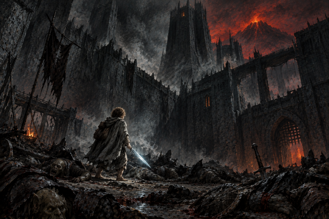 Sam stands among fallen Orcs in the courtyard of Cirith Ungol while searching for Frodo.