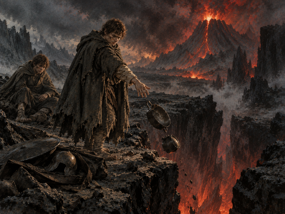 Sam casts his treasured cooking pans into a fissure near Mount Doom to lighten his load.