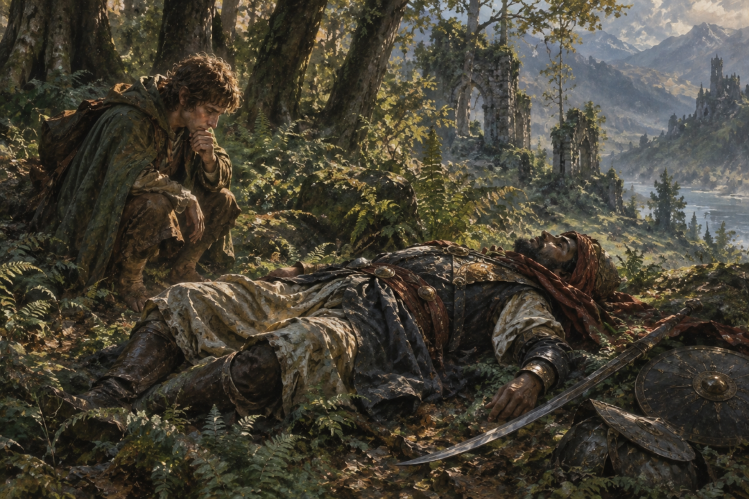 A Hobbit contemplating a fallen Southron warrior among the woods of Ithilien