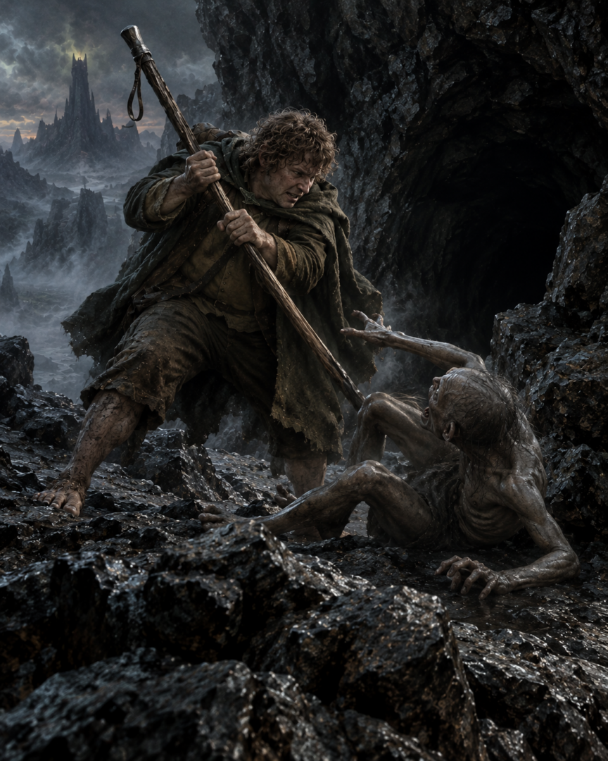 Sam uses Faramir's lebethron staff to fight off Gollum near Shelob's lair.