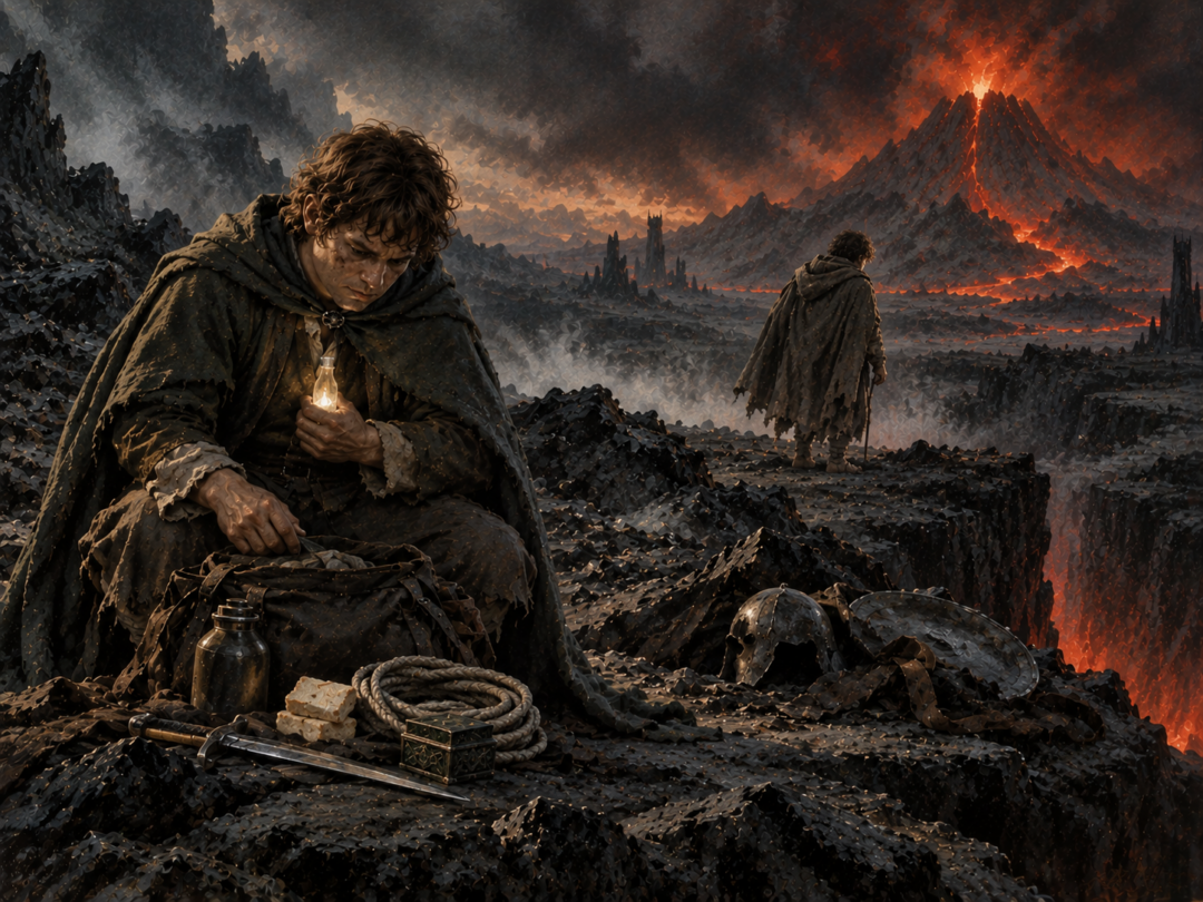 Sam keeps only lembas, water, Elven rope, Sting, the Phial of Galadriel and Galadriel's small box for the final march.