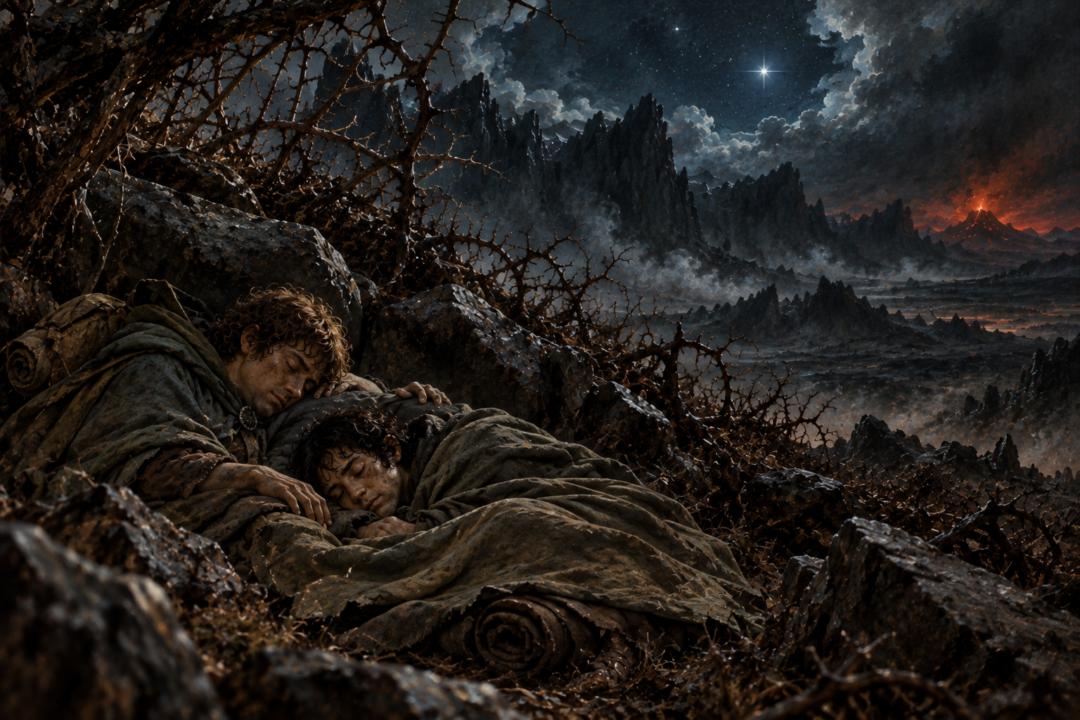 Sam and Frodo rest among the brambles of Mordor beneath a distant white star after Sam's fear gives way to hope.