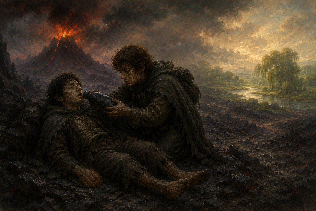 Sam gives a desperately thirsty Frodo one of their last mouthfuls of water beneath Mount Doom.