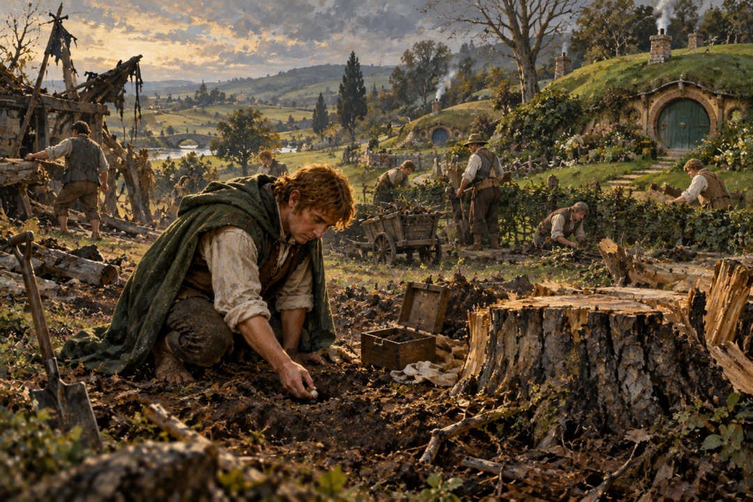 Sam Gamgee planting the mallorn seed in the Shire during its restoration after the Scouring.