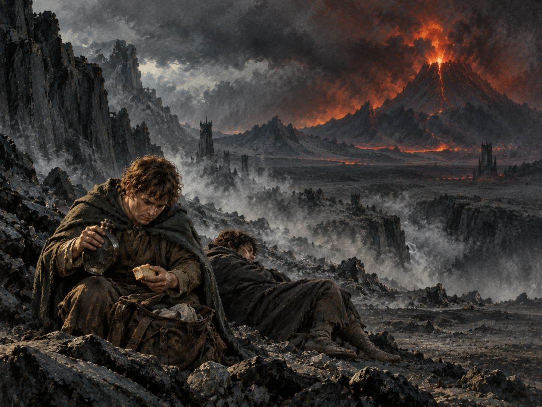 Sam studies their remaining lembas and water while Mount Doom looms across Gorgoroth.