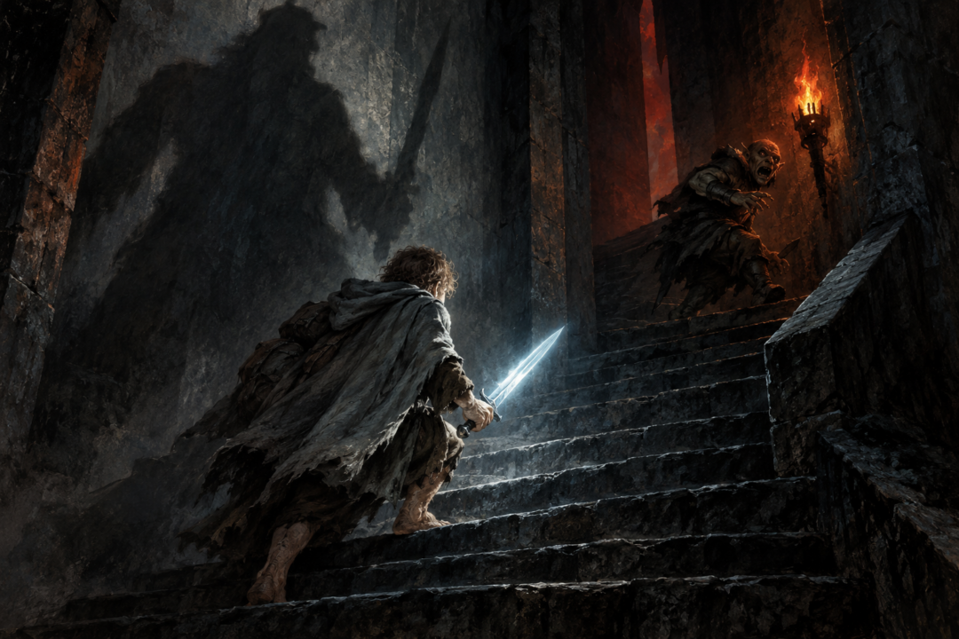 Sam climbs the Tower of Cirith Ungol as a terrified Orc perceives him as a looming great warrior.