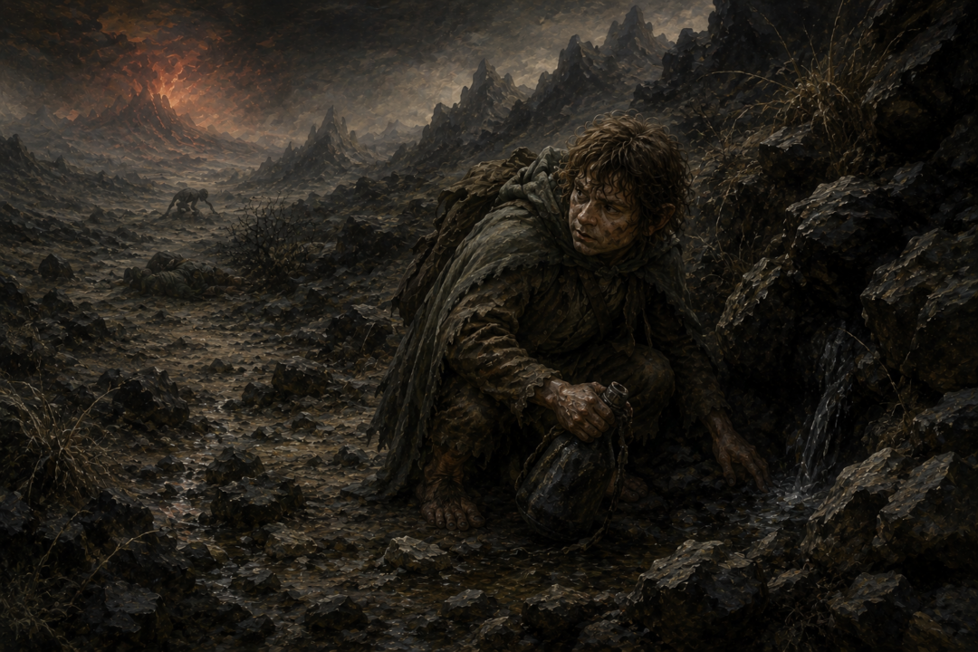 Sam searches a nearly dry watercourse in the Morgai for a spring while Frodo rests in hiding.