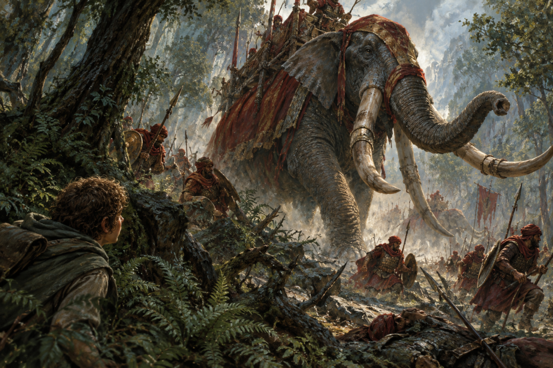 Samwise Gamgee watches a huge Haradrim oliphaunt burst through the woods of Ithilien.