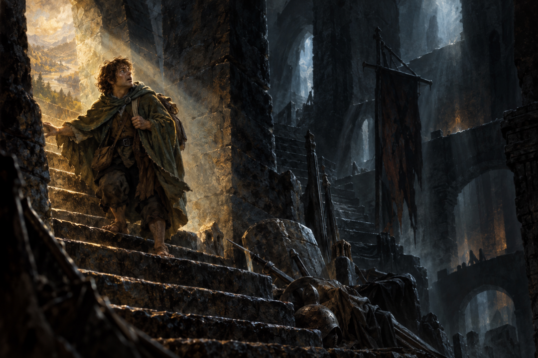 Sam sings defiantly while searching for Frodo inside the dark stone Tower of Cirith Ungol.