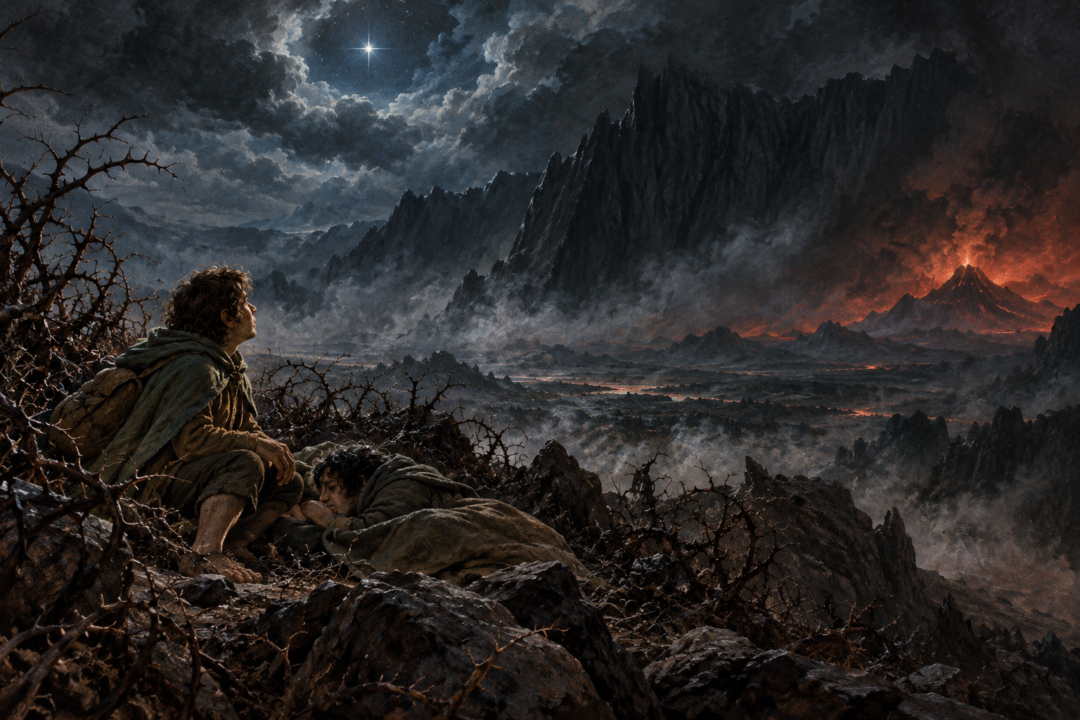 Sam looks up from the dark land of Mordor and sees a single white star above the Ephel Dúath while Frodo sleeps nearby.