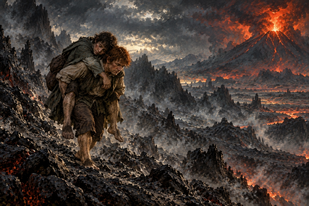 Samwise carrying an exhausted Frodo up the dark volcanic slopes of Mount Doom during the final journey through Mordor.