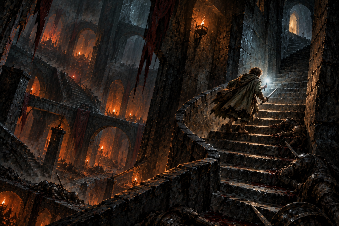 Samwise climbs the dark stairs of Cirith Ungol toward the chamber where Frodo is imprisoned.